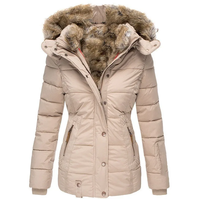Inverno nova moda feminina cor sólida magro casual na moda gola de pele com capuz simples básico acolchoado casacos roupas femininas parkas