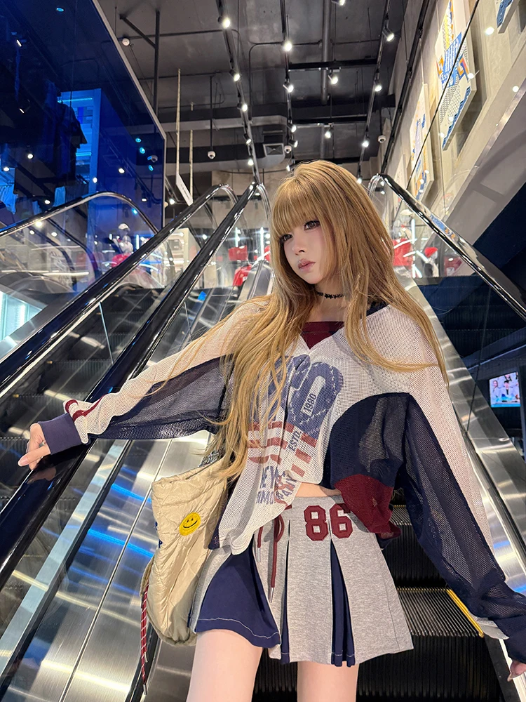 

Meysikim American Sle Ретро Свободная повседневная футболка с дырками Женская защита от солнца irt Весенняя верхняя одежда Moisture ng V-...