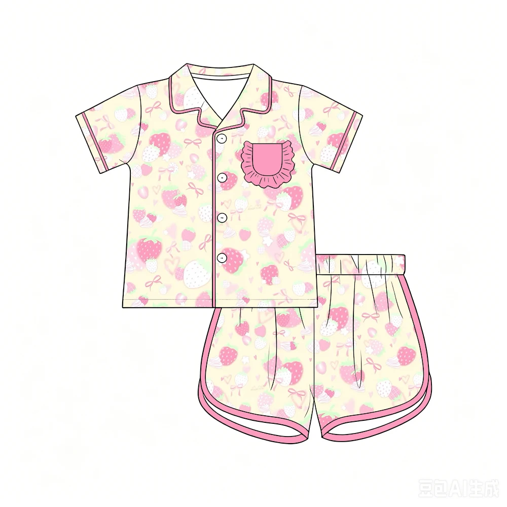 Hot Selling Girls Set Short Sleeve Button Shirt with Ruffled Pocket Elastic Shorts Kids Cute Strawberry & Flower print