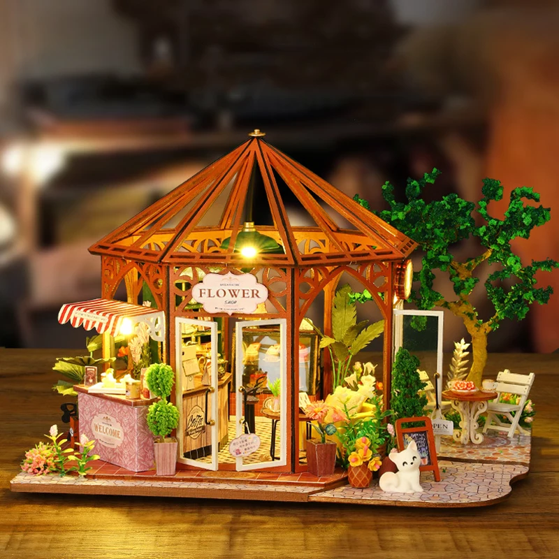 DIY Wooden Dollhouse Flower Coffee Casa 3D Puzzle Assembly Building Model Doll House Bookshelf With Furniture Light Friend Gifts