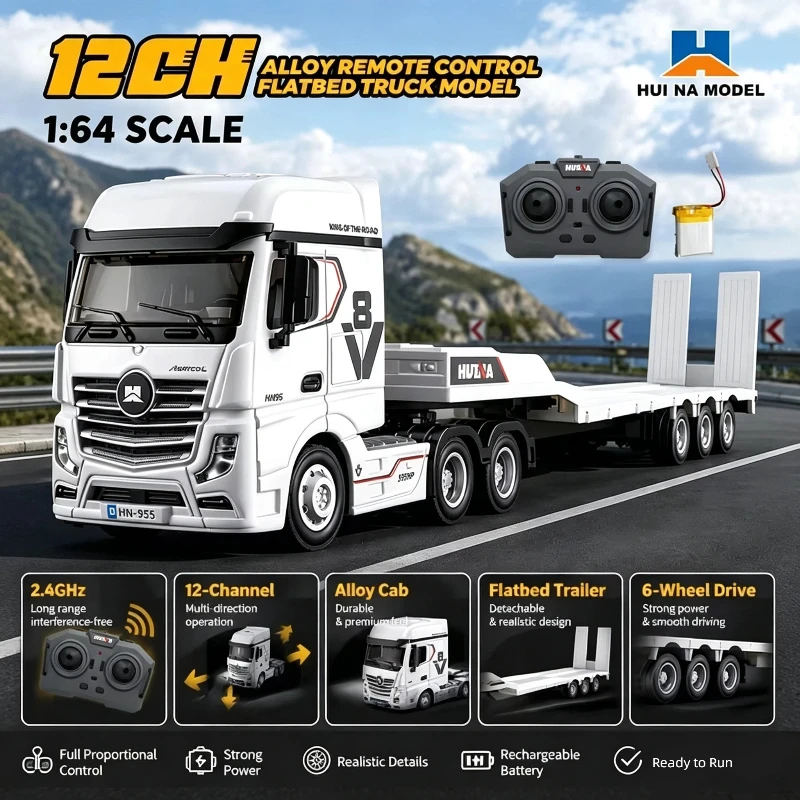 Huina 9900 RC Flatbed Trailer Truck 1/64 Scale 2.4G Mini Remote Control Drift Car Desktop Engineering Toy Vehicle For Adults