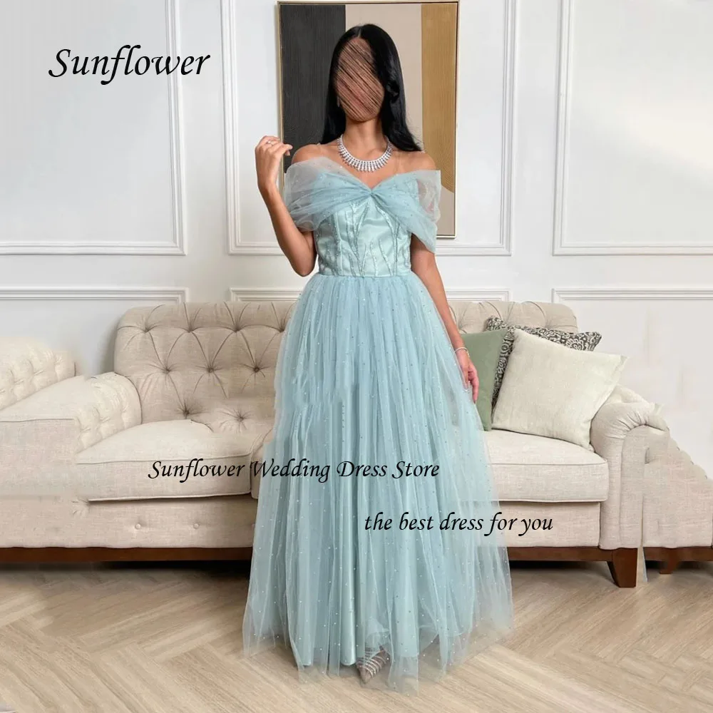 

Sunflower Light Blue Off the Shoulder Evening Dress 2023 Slim Tulle Appliques A-LINE Prom dress Ankle-Length Party Dress