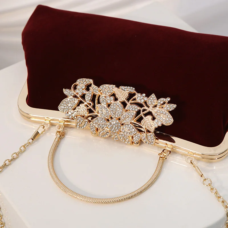 Vintage Wine Red Velvet Handbag Women Velour Evening Bag Retro Style Bridal Wedding Party Clutches Ladies Diamond Purse XA829H