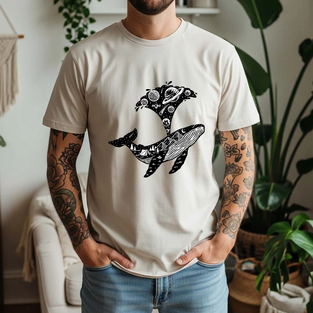 2026 Summer 100% Cotton Interstellar Whale Graphic Oversized Tee Fantasy Art Dark Cool Themed Short Sleeve