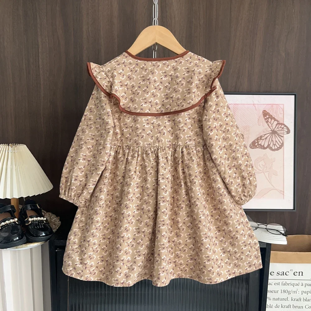 Autumn New Khaki Color 2-6 Year Old Girls' Lapel Floral Casual Dress with Countryside Style