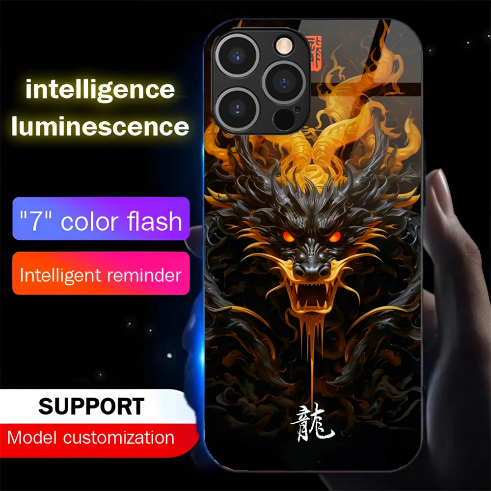 

Chinese Dragon Pattern Luminous Phone Case LED Light Glass Shockproof Cover For iPhone 16 E 15 14 13 12 11 Pro Max XR XS Plus