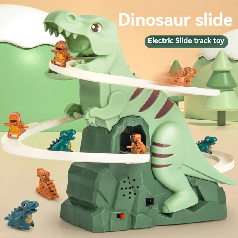 Dinâmico rotativo dinossauro aventura slide subir escadas brinquedo de pista elétrica educacional das crianças