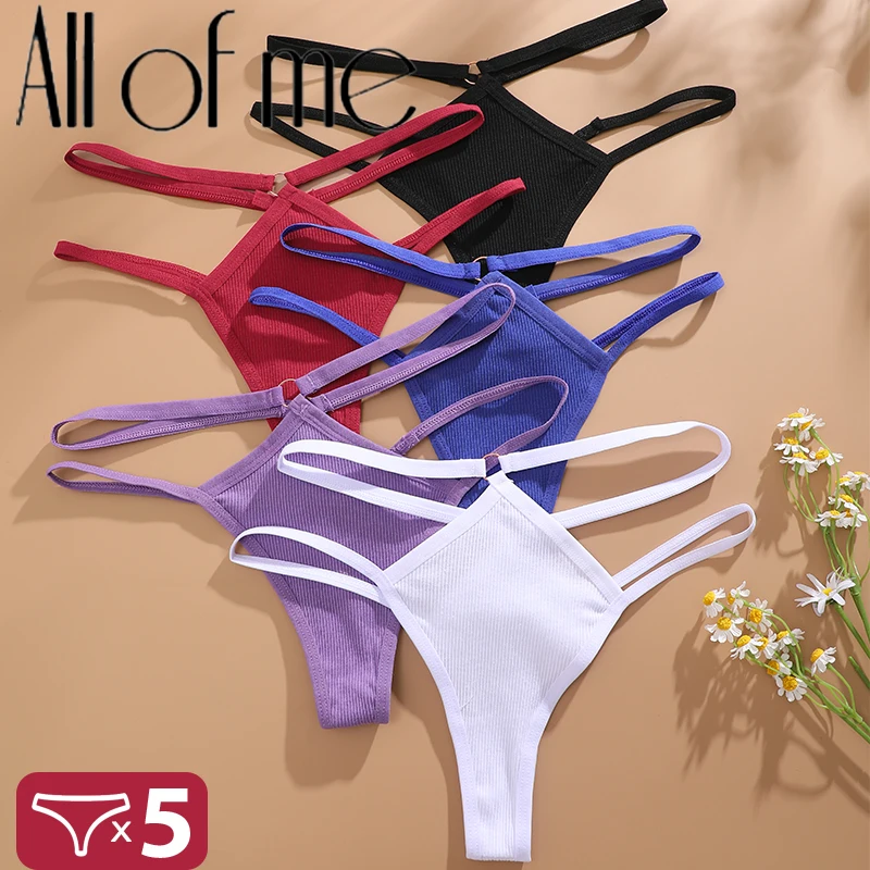 5Pcs Women Cotton Panties Sexy Low Rise Hollow Out Waist G-String Thong Ring Link Two Belts Breathable Underwear Female Lingerie