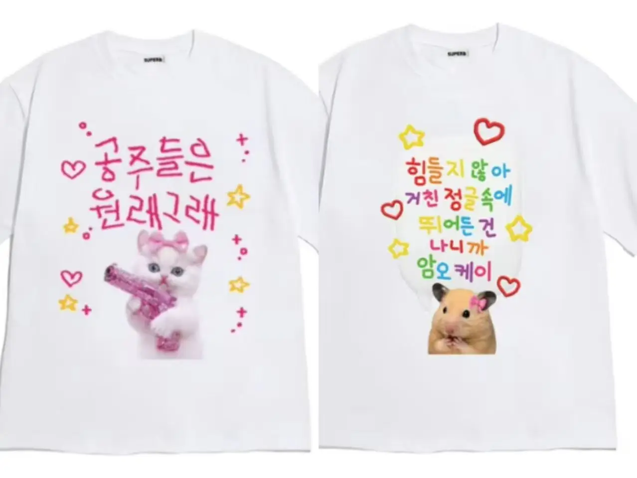 Korean Style Versatile Fashion Retro Cute Cat with Pink Gun Korean Text Graphic Casual Short Sleeve Tee White Aesthetic Clothes