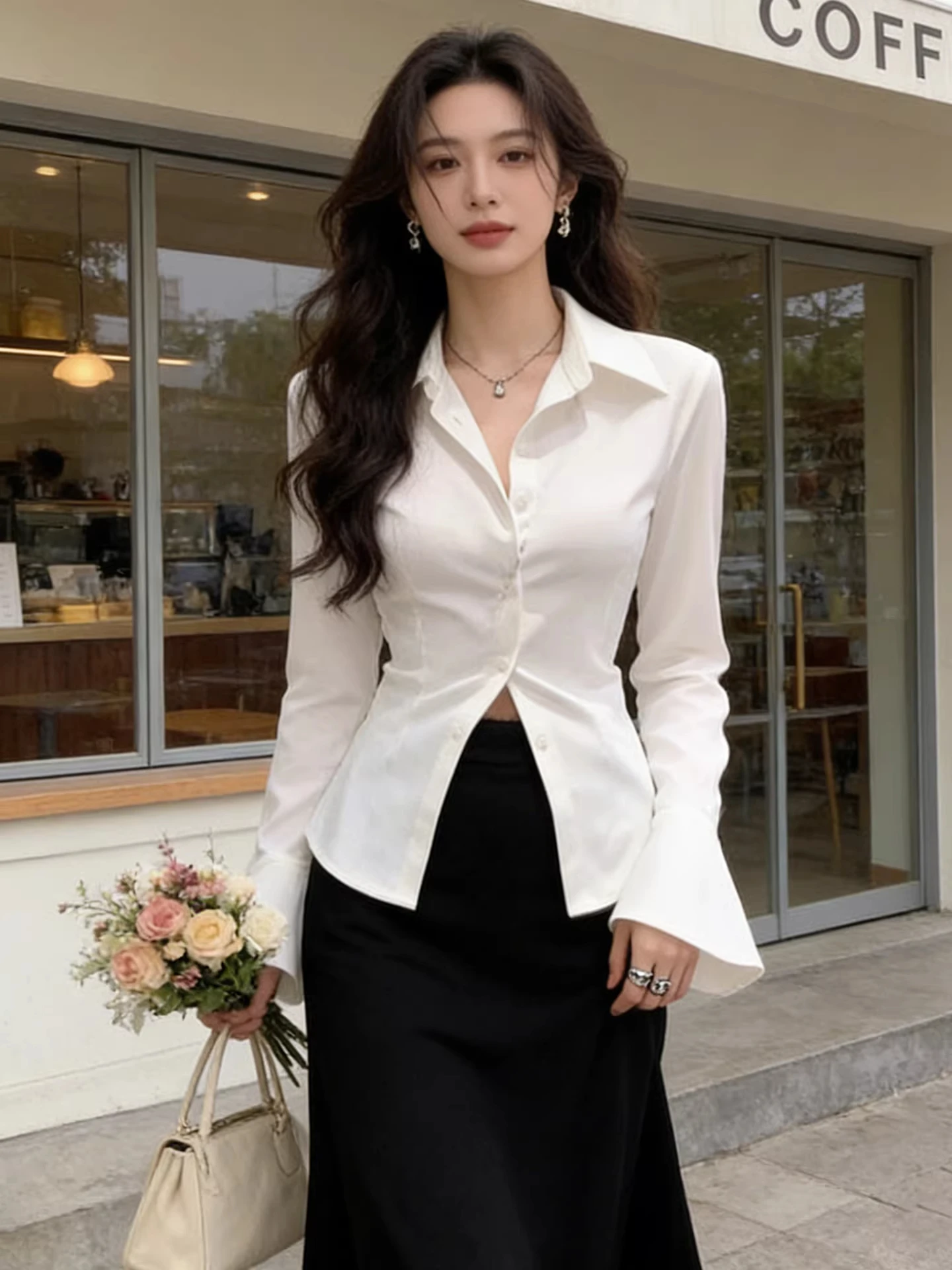 

Slim Fit Women's White irt Brand Bule European Sle Spring Autumn Casual Long Sve Turn-down Collar Waist-cinching Top