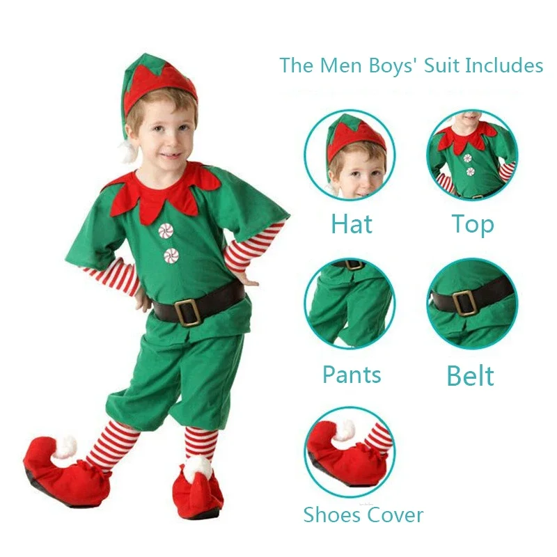 Christmas Girls Boys Santa Claus Costume Green Elf Cosplay  Outfits Carnival Party Festival Xmas New Year Fancy Dress Clothe Set