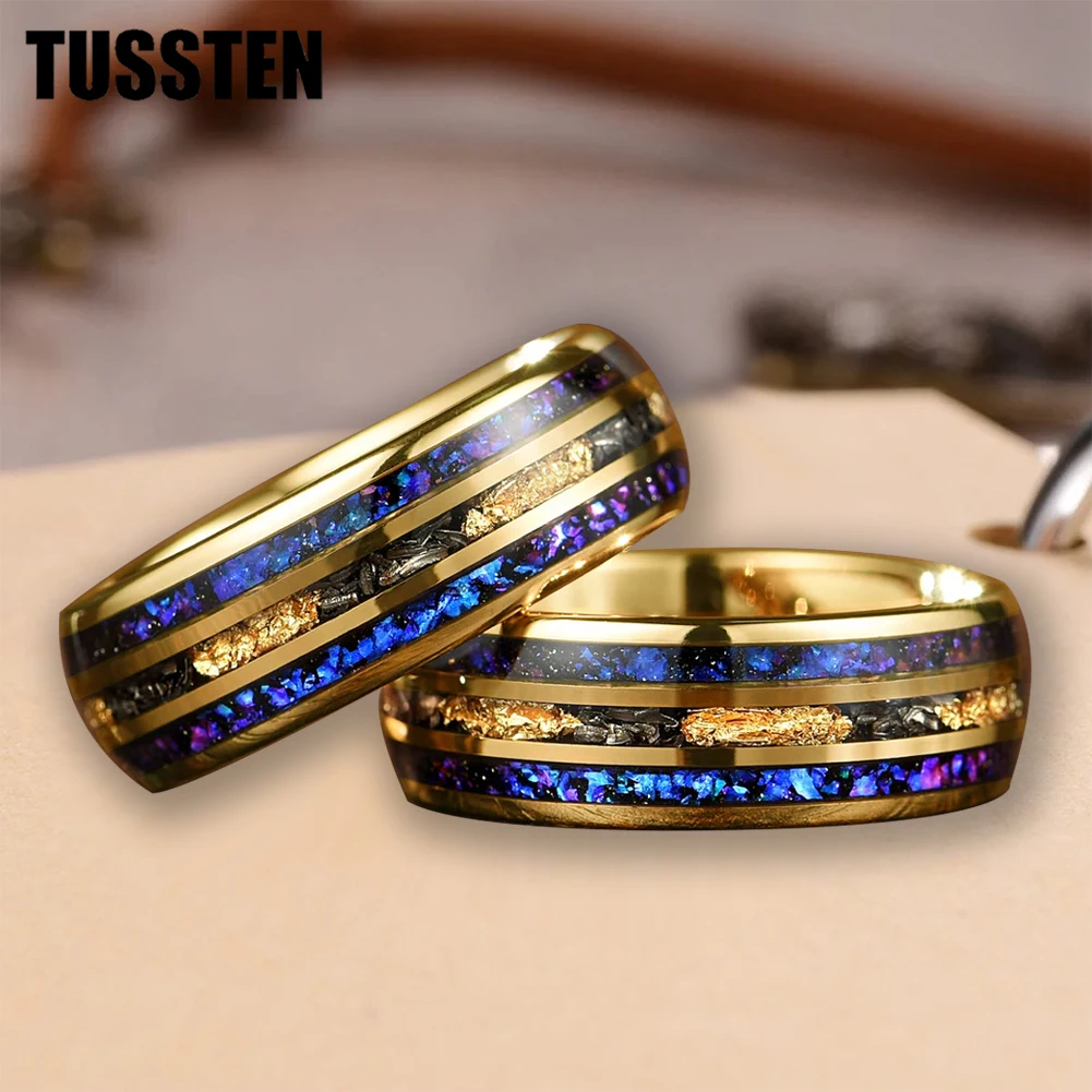 TUSSTEN 8MM Tungsten Rings For Men Women Orion Nebula Opal Meteorite Gold Foil Inlay Engagement Wedding Promise