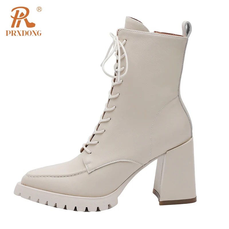 PRXDONG Genuine Leather Autumn WInter Warm Ankle Boots Square High Heels Platform Shoes Woman Black Beige Zipper Dress Office 39