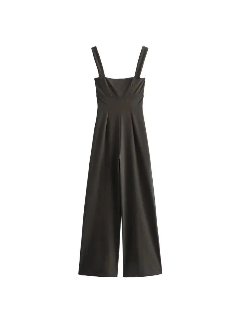 Women\'s Wide Leg Jumpsuit Solid Color Side Zipper Straps Fashion Playsuits for Females
