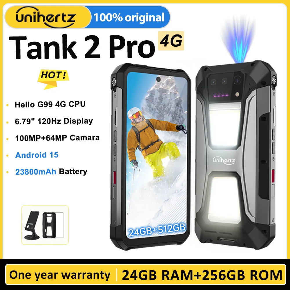 Unihertz Tank 2 Pro 8849 – wytrzymały telefon z projekcją, aparatem 100 MP, 24 GB RAM i 512 GB pamięci, systemem Android 14, NFC, procesorem Helio G99, baterią 23800 mAh, obsługą 4G.