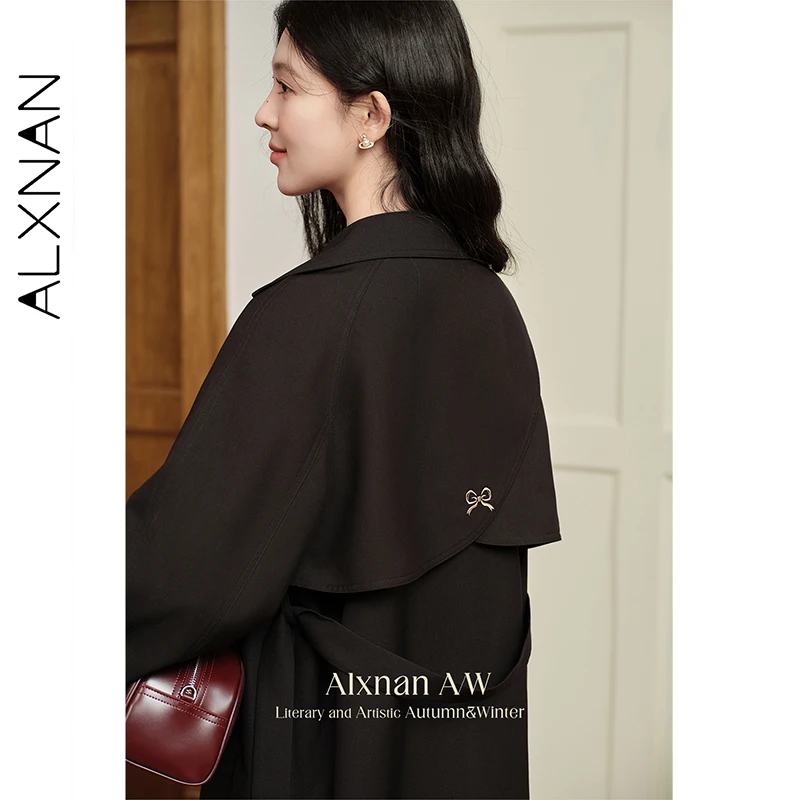 معطف ALXNAN أسود لخريف وشتاء 2025 على طراز الكلية سترة واقية طويلة للنساء موضة جديدة أنيقة معطف مزدوج الصدر L50103