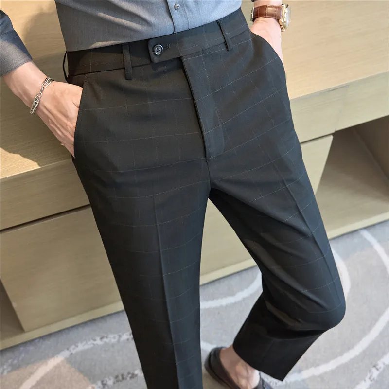 Men Grid Suit Pants 2024 Autumn Solid Casual Straight Formal Dress Trousers Slim Fit Pantalon Homme Wedding Party Men Clothing