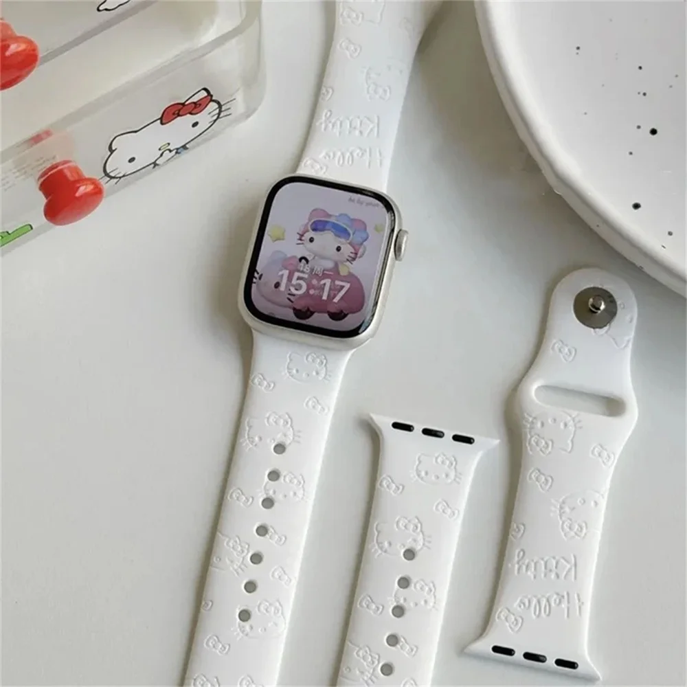 Kawaii Sanrio Hello Kitty Apple Watch Band 3d Carving Printed Silicone Replaceable Strap Watch Accessories Comfortable Friendly