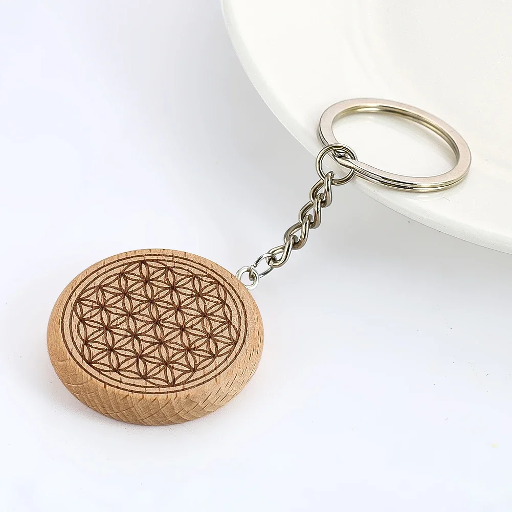 Vintage Wood Flower of Life Keychain for Men and Women Wallet Handbag Pendant Car Key Accessories Geometry Jewelry Party Gift