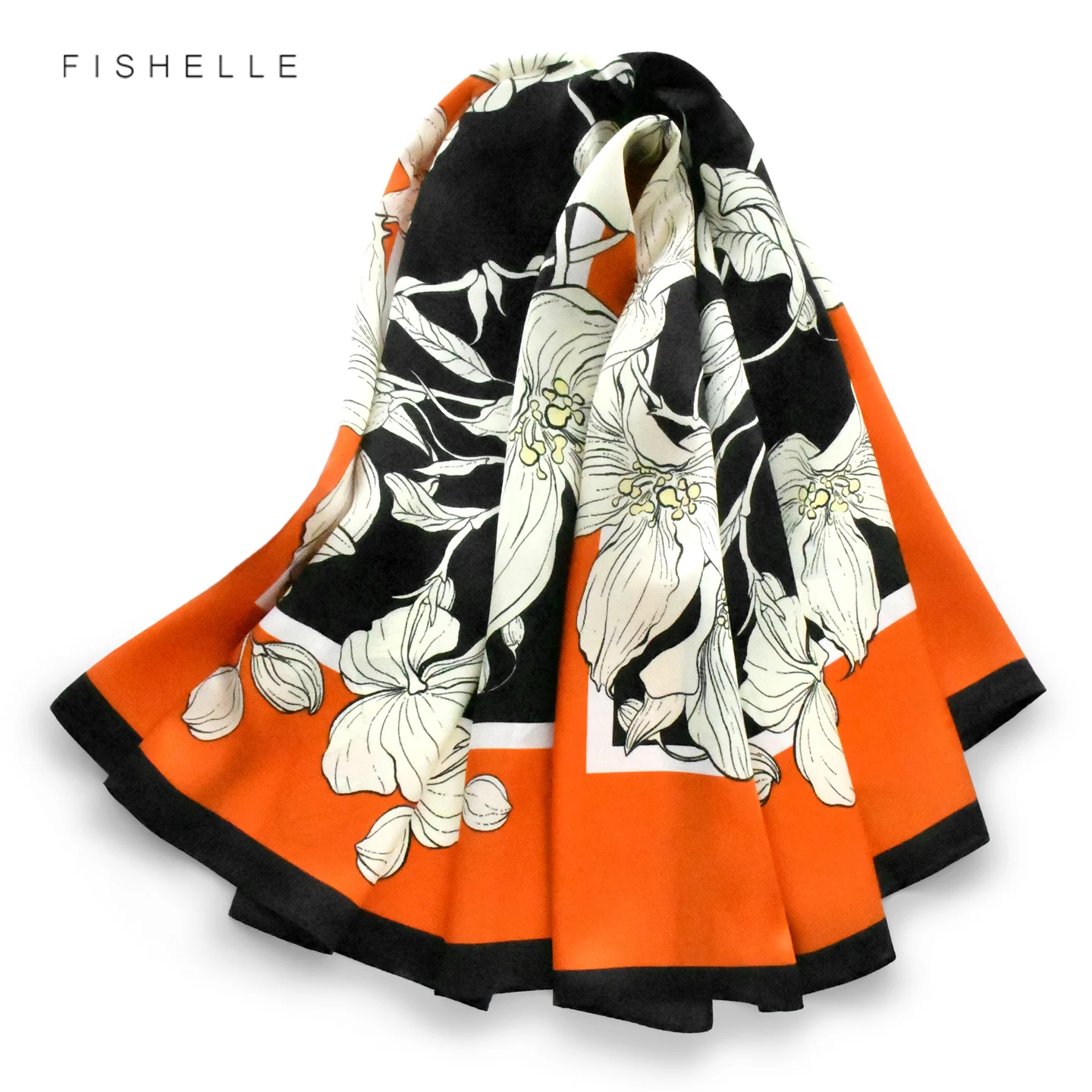 

Orange Floral 100% Mulberry Silk Scarf Luxury Women Shawl Wrap Bandana 90cm Silk Satin Hijab Headscarf Neckerchief Foulard Gift