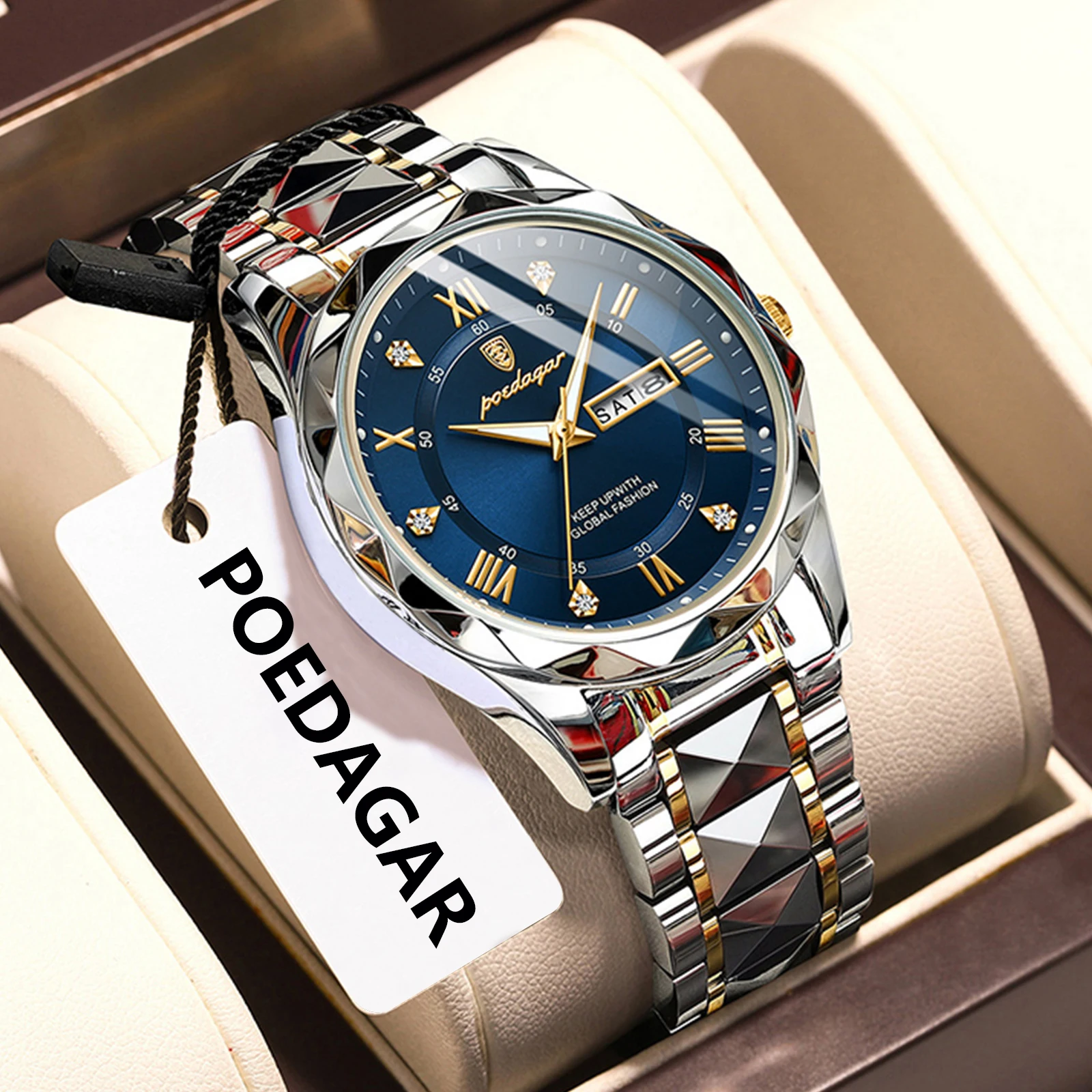 POEDAGAR Деловые мужские часы Светящиеся водонепроницаемые мужские наручные часы из нержавеющей стали Дата Неделя Роскошные кварцевые мужские часы Reloj + коробка