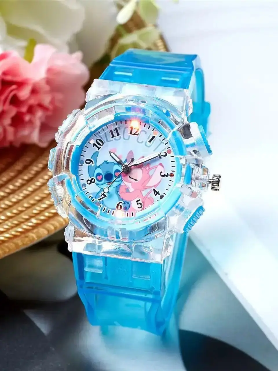 Montre pour enfants Disney, montre électronique lumineuse de dessin animé Stitch, montre à quartz à pointeur pour élèves du primaire et du secondaire
