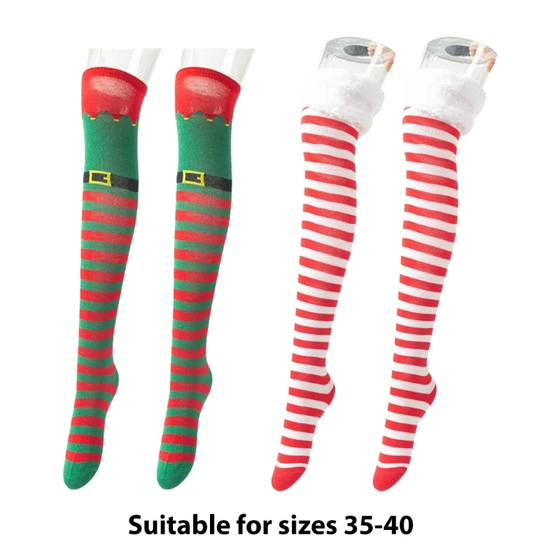 Festival Christmas Elf Boot Striped Thigh High Stockings for Women Holiday Cosplay Costume Over the Knee Long Socks F3MD