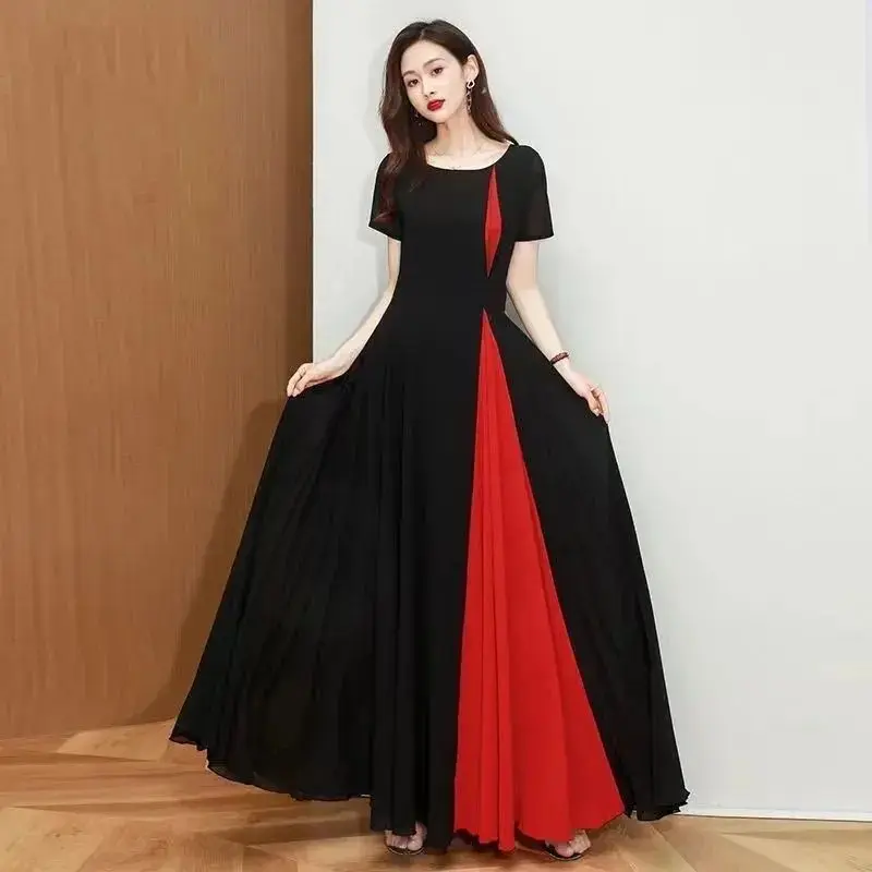 

Big swing dress, black splicing chiffon dress, long summer new large swing dress temperament, socialite style