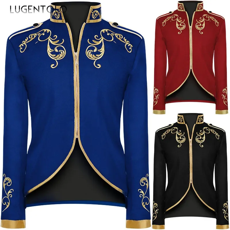 

Lugentolo Men Fashion Court Jacket Party Prince Embroidery Medieval Costume Zipper Turtleneck Men's Slim Retro Casual Coat