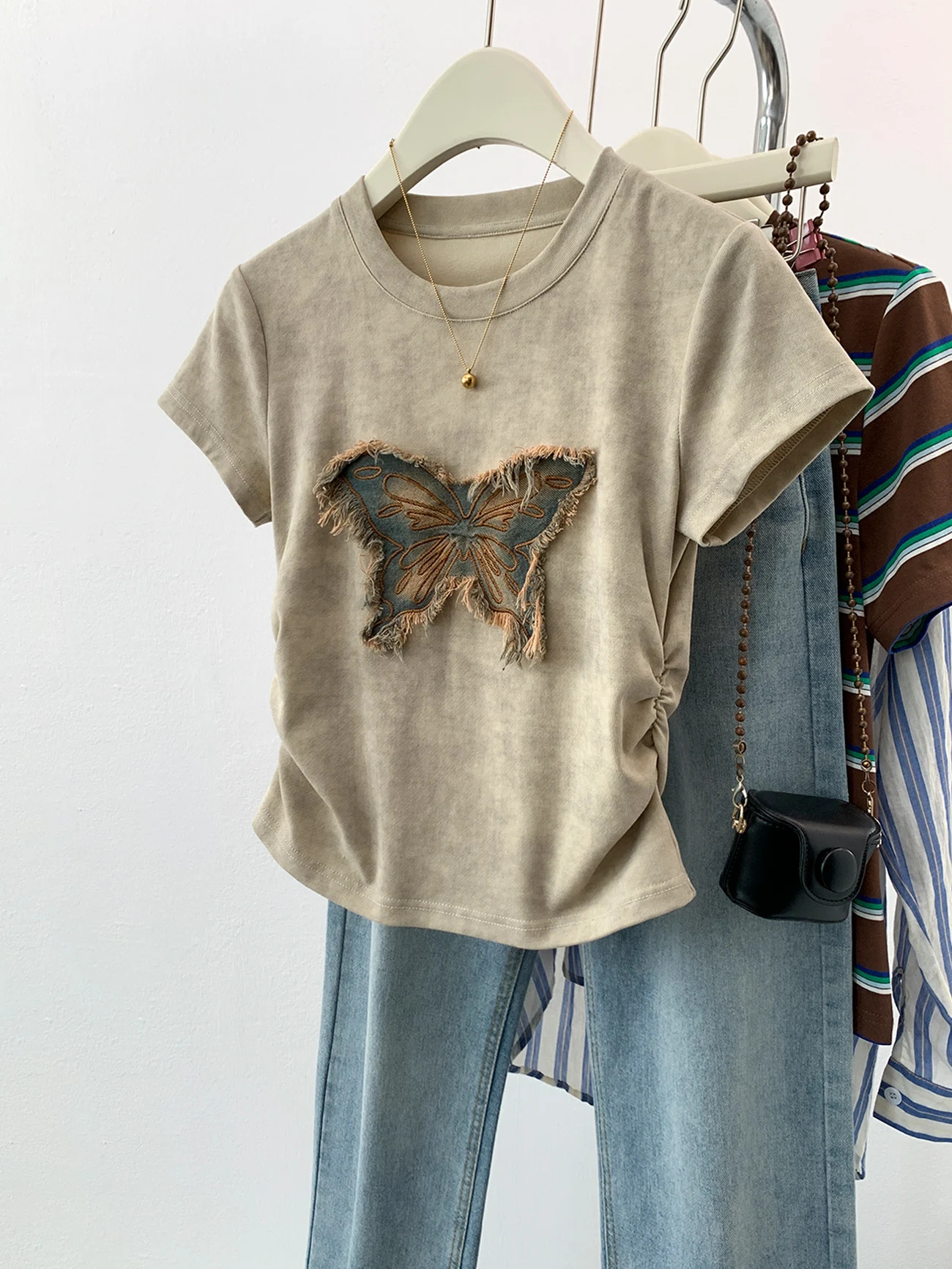 

Tie Dyed Butterfly Short Sleeved T-shirt for Women's 2024 Summer New Popular Short Top Squaer Neck Top Shirts Y2k 3xl
