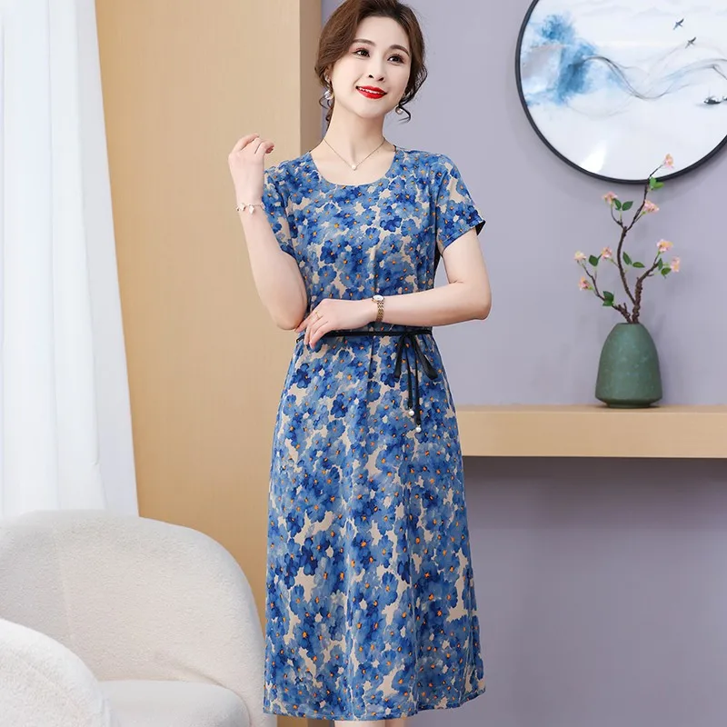 Fashion Casual Summer Dress For Women Vintage Bohemian Print Floral Dress Short Sleeve O-Neck Print Elegant Female Midi Dress