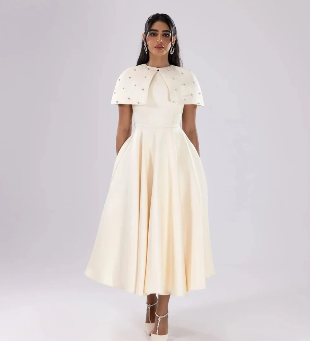 

Customized Simple Exquisite Jersey Pleat Rhinestone A-line High Collar Ankle Length Evening Dresses Pastrol for Woman