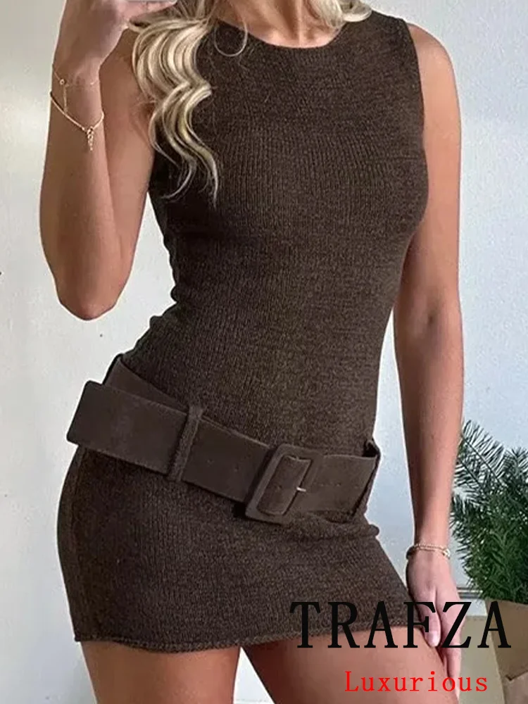 TRAFZA Vintage Casual Sexy Chic Women Dress Solid Sleeveless O-Neck Sashes Mini Dress New Fashion 2024 Autumn Female Dress