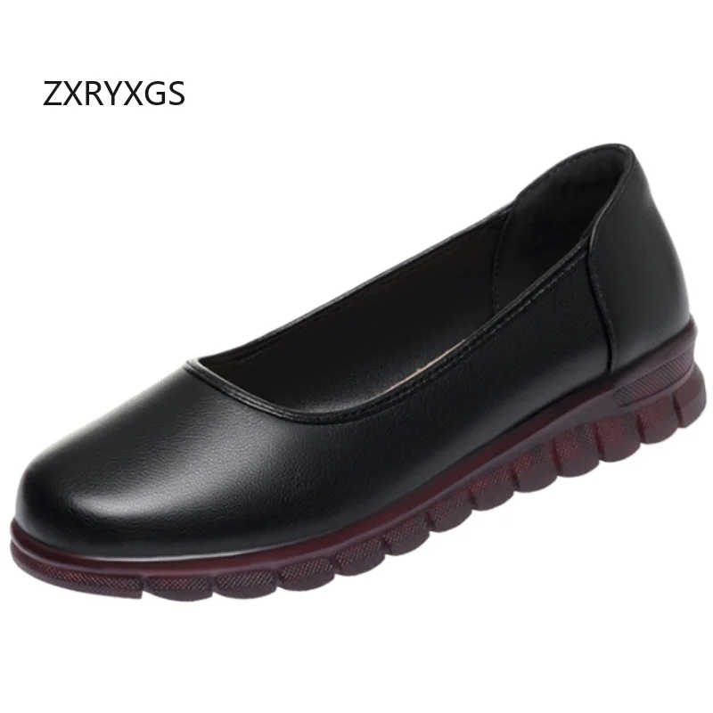 

ZXRYXGS Top Cowhide Black Flats 2026 New Round Toe Comfort Genuine Leather Shoes Flat Soft Sole Non-slip Women Large Size Shoes