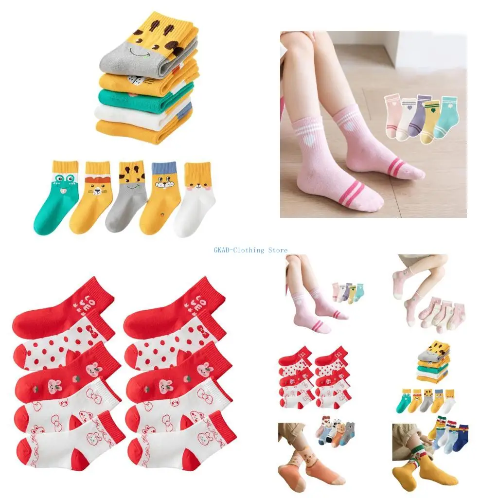 

N0PE 5 Pairs Cartoon Print Cotton Socks for Kids Girls Sports Tennis Casual Wear