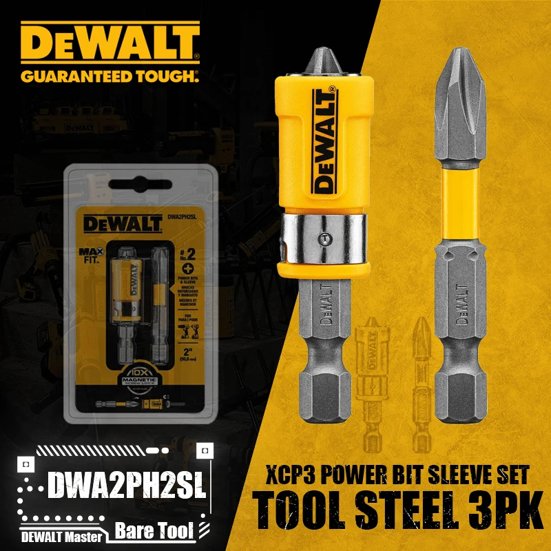 DEWALT DWA2PH2SL XCP3 Power Bit Sleeve Set Max Fit Phillips # 2 S X 2 "L S2 เครื่องมือเหล็ก 3PK ไดร์เวอร์ เจาะ อุปกรณ์เครื่องมือ