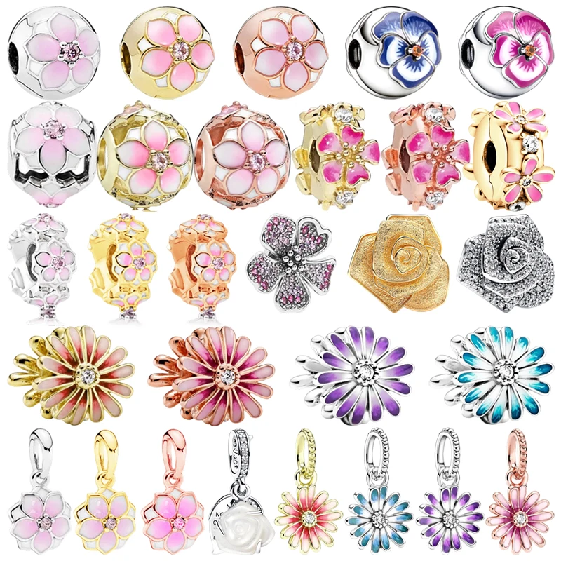 

New Gold Rose Blue Pink Cherry Charm Bead Daisy Dangle Fit Original Silver Bracelet Necklace Bead For Women DIY Jewelry Gift