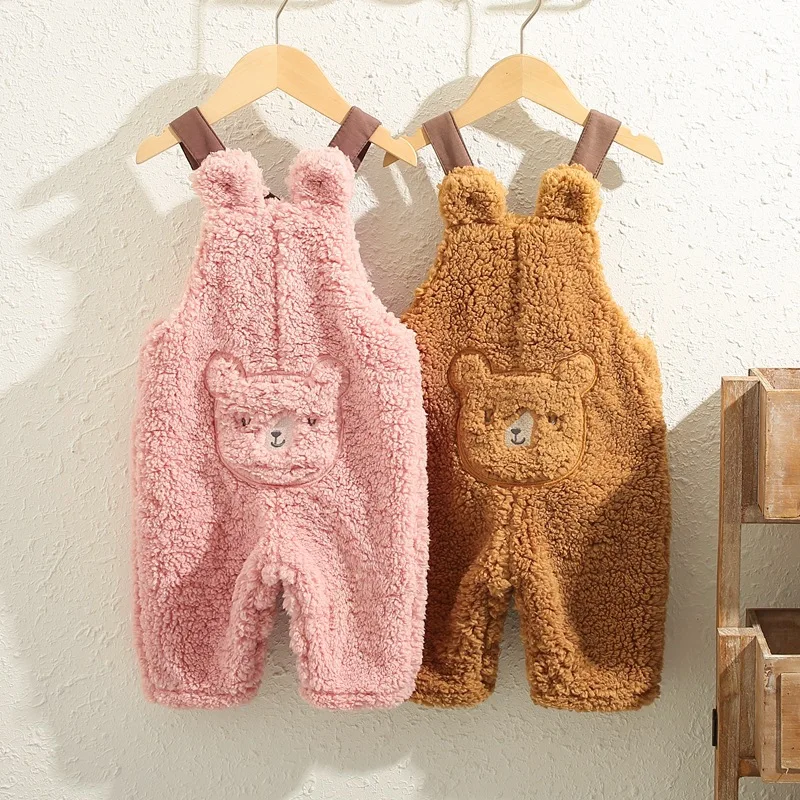 Spring Autumn Baby Girls Overalls Plush Belly Protection Lamb Fleece Cartoon Warm Infant Girls Pants Toddler Girl Suspender Pant