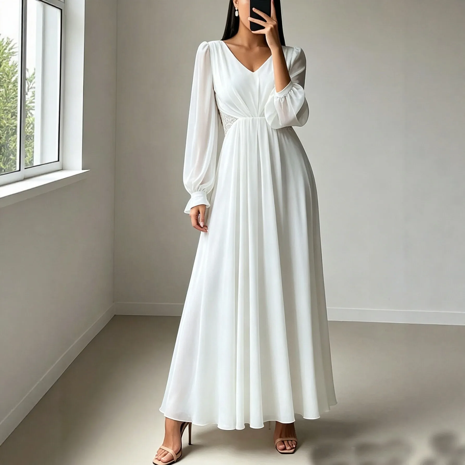 

Women's Elegant White Long Dress Long Sleeve Wrap Bodycon Dresses Spring Summer Evening Gown
