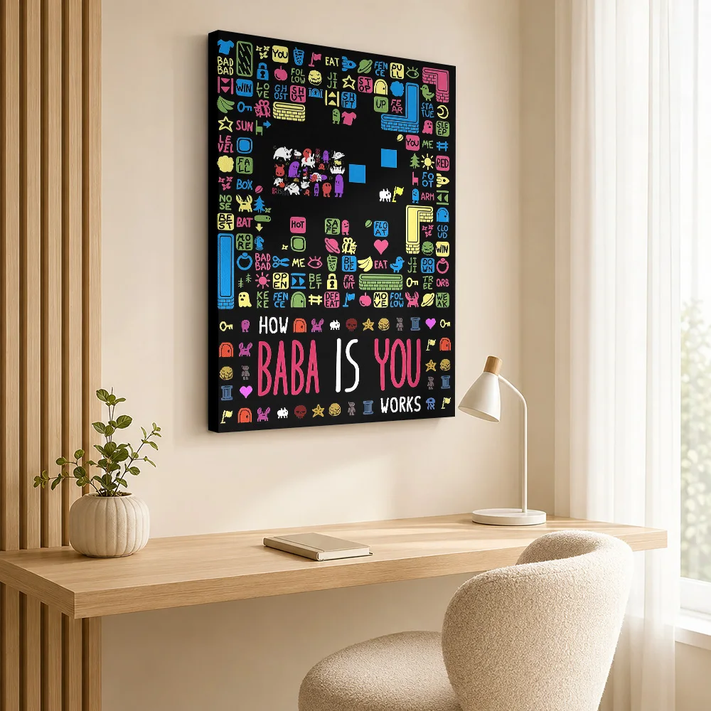Baba Is You Game Mechanics Framed Canvas Poster Personalized Photo Graphic Wall Art For Gaming Desk Area, Adventure Fan Gift