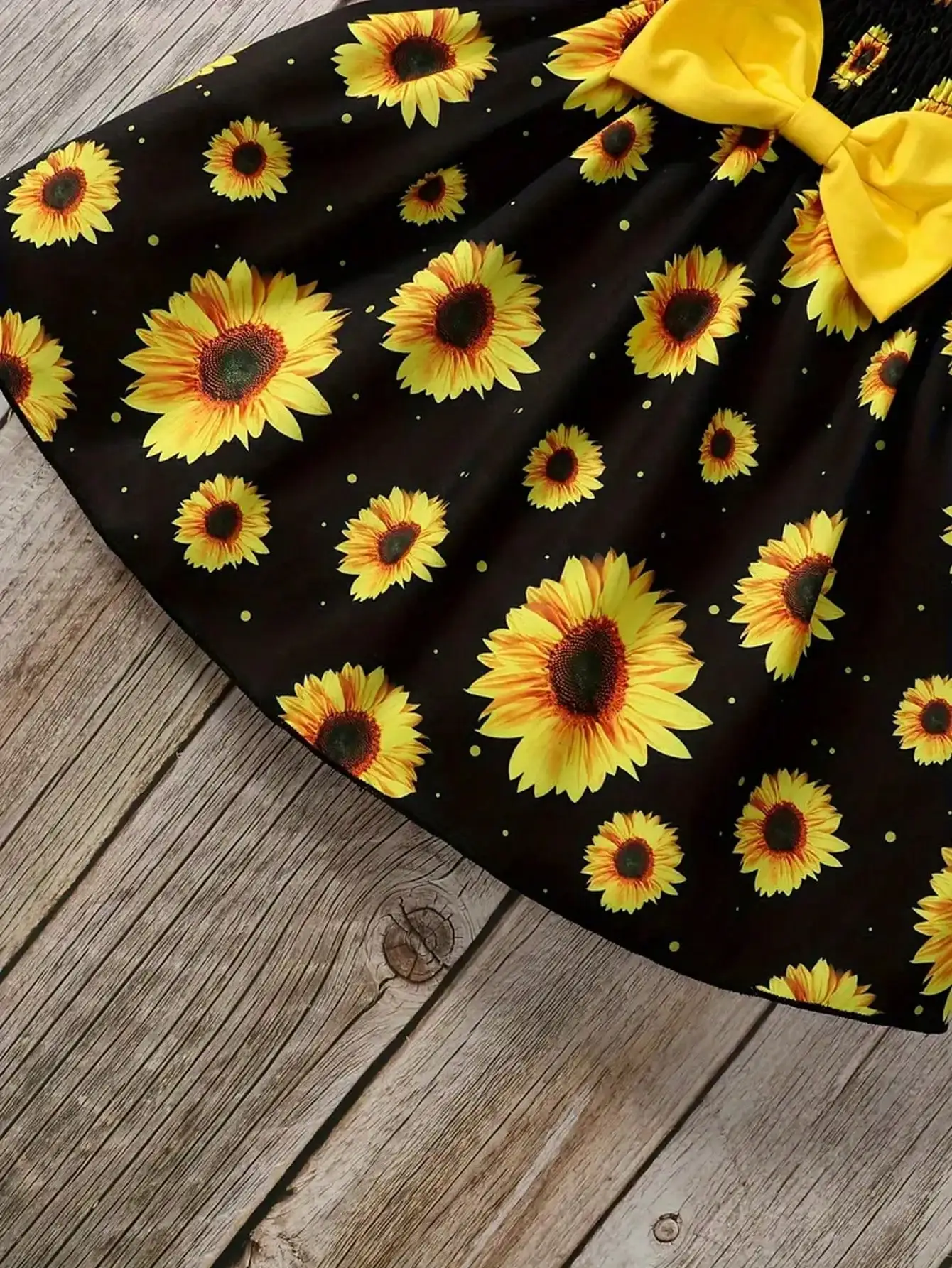 2026 Mädchen Freizeitkleid, Neues Frühlings- und Sommerkleid mit Sonnenblumen-Print, Schleifendekoration, Trägerkleid, Locker Sitzend, Bequemes Kleidchen – Detail 6