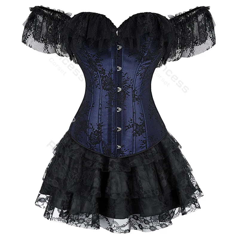 Vestido de corsé con tutú, conjunto de talla grande, Overbust con mangas de encaje, traje Sexy de fiesta, Burlesque, traje Vintage negro y rojo