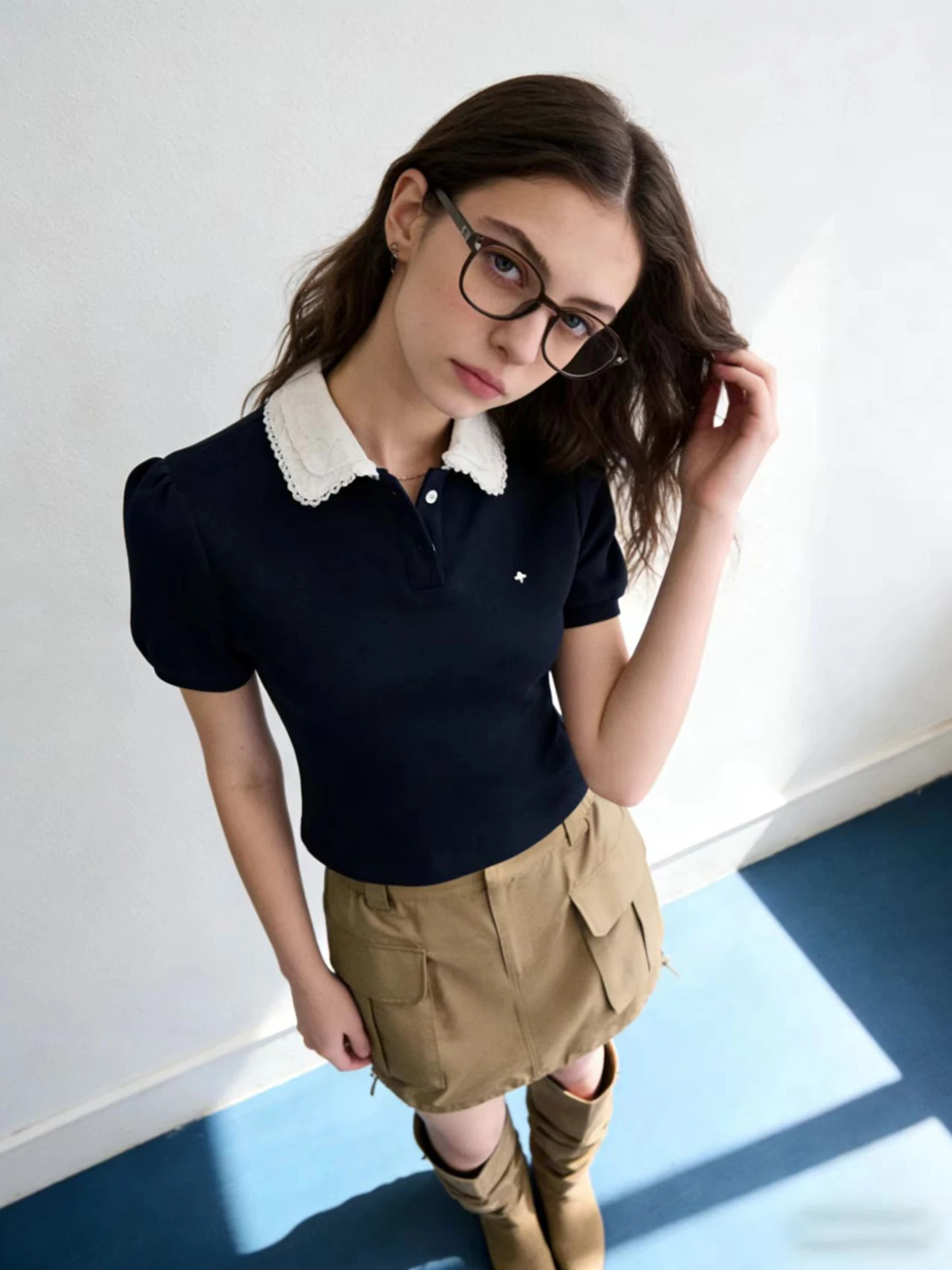 

HUAAPPUW College Style Color Block Doll Collar Short Sleeve T-Shirt Women's Slim Fit Bubble Sleeve Breathable Summer New Arrival
