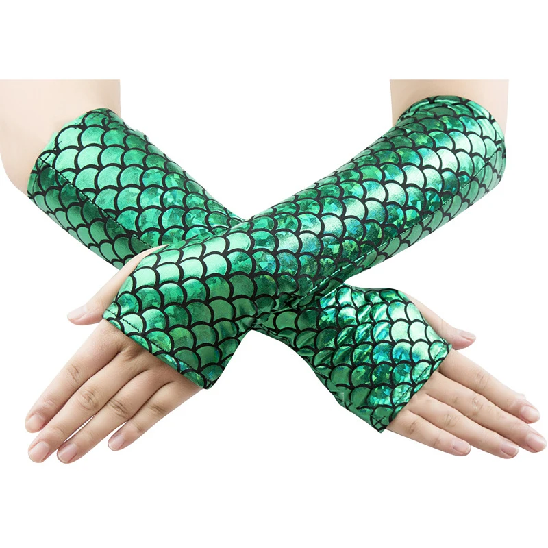 Mermaid Fish Scale Long Gloves Women Halloween Cosplay Stage Costume Accessory Female Sexy Prom Party Fingerless Gloves