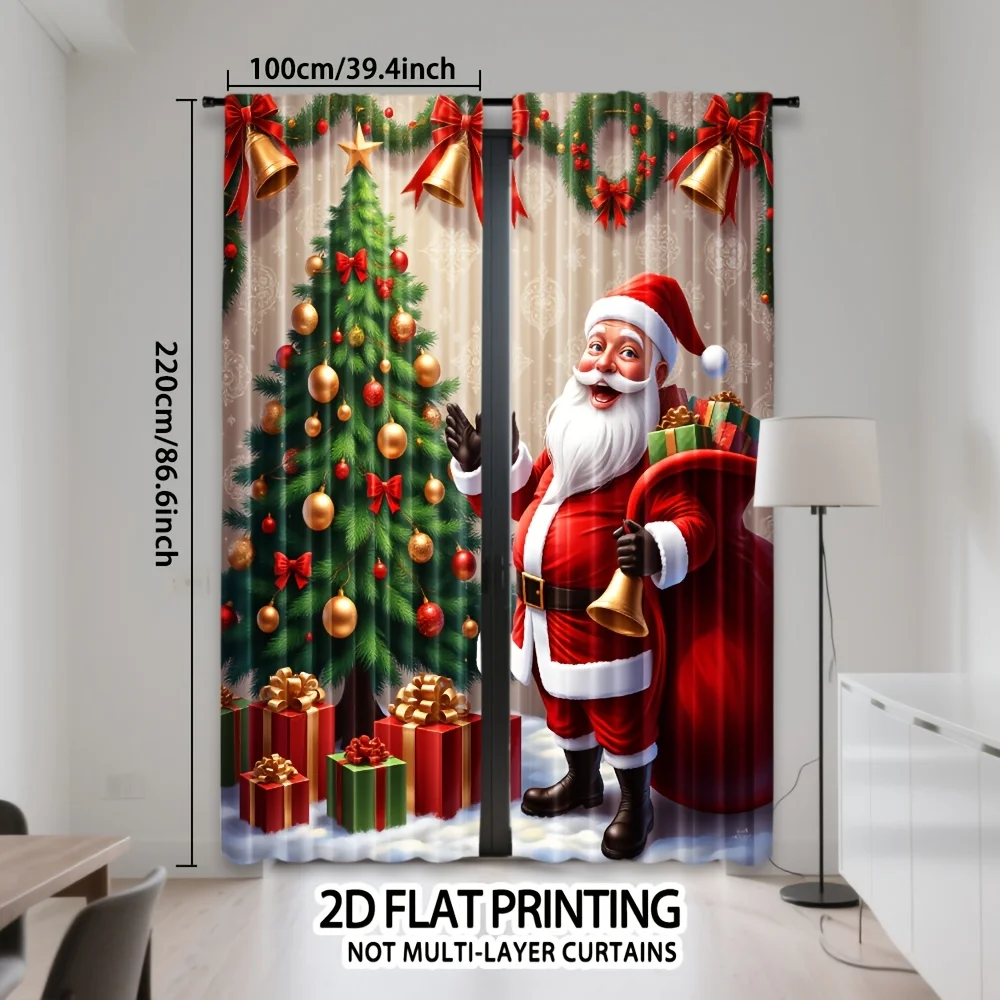 Cute Santa Claus Tree Rod Pocket Light Filtering Curtains 2 Panel Artistic Drapes for Living Room Bedroom Decor