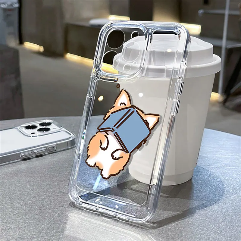

Healing Style Corgis Cute Back with Book Phone Case For iPhone 14 15 16 Plus Pro 11 12 13 Pro Max iPhone X XR XS 16E Funda Case