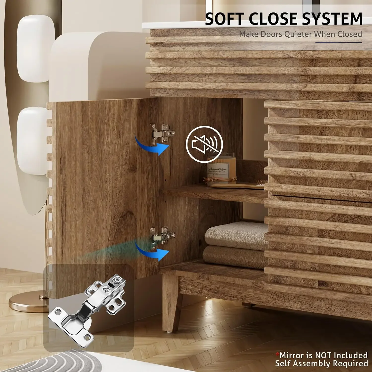 [عرض لفترة محدودة، اشترِ الآن! ] خزانة حمام مقاس 36 بوصة مع مجموعة حوض خزانة قائمة بذاتها في منتصف القرن مع ديكور مخطط خشبية، Adju