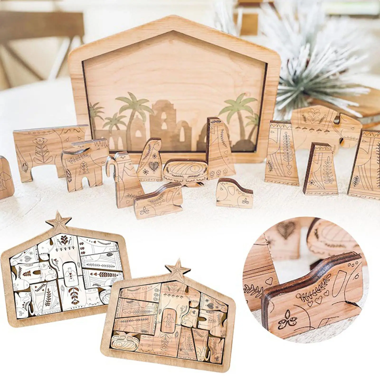 Wooden Jesus Puzzle Statue Nativity Toy for Adults Kids 4-8 Educational Handmade Craft Home Decor with Wood Burned Design
