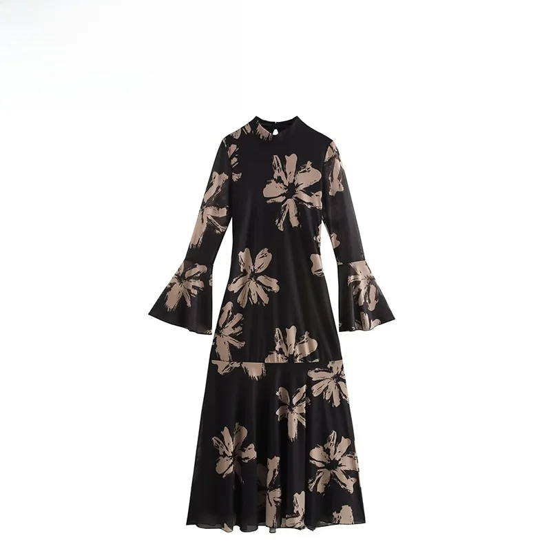 ZAB Autunno Nuove donne Faion Design Slim Fit Bell Sve Stampa Lungo Dr Versatile Sli Europeo Sle Fibra di poliestere