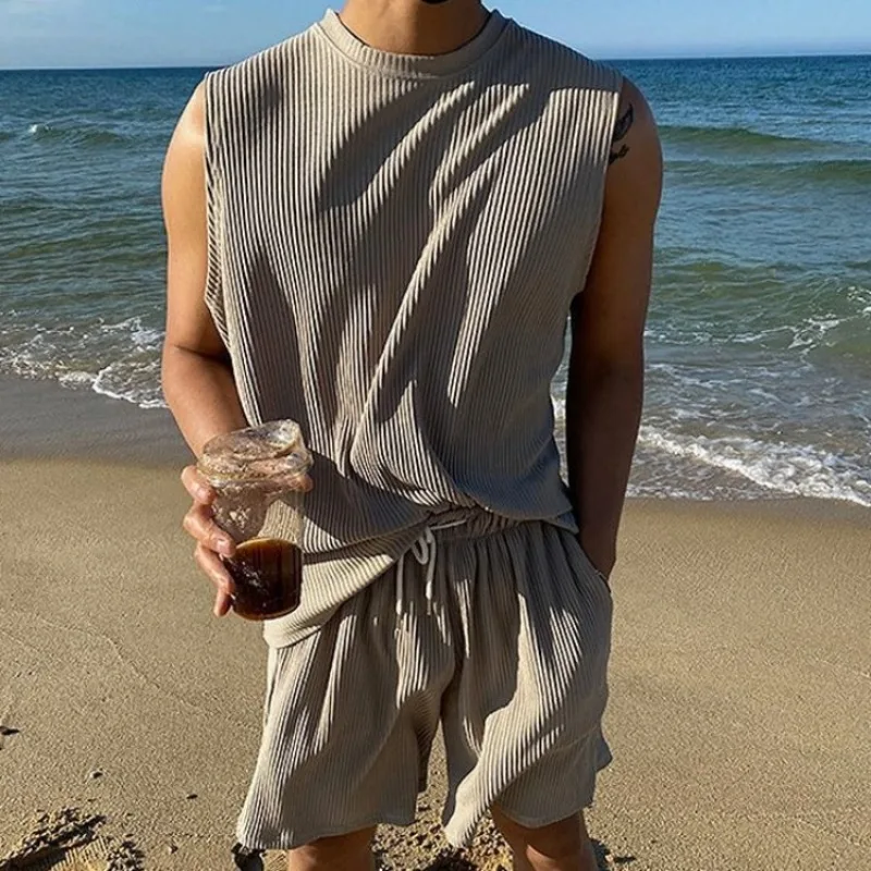 

Men's Ice Silk Summer Set Quick Dry Thin Loose Sleeveless T Shirt Casual Shorts Vest Sports Tank